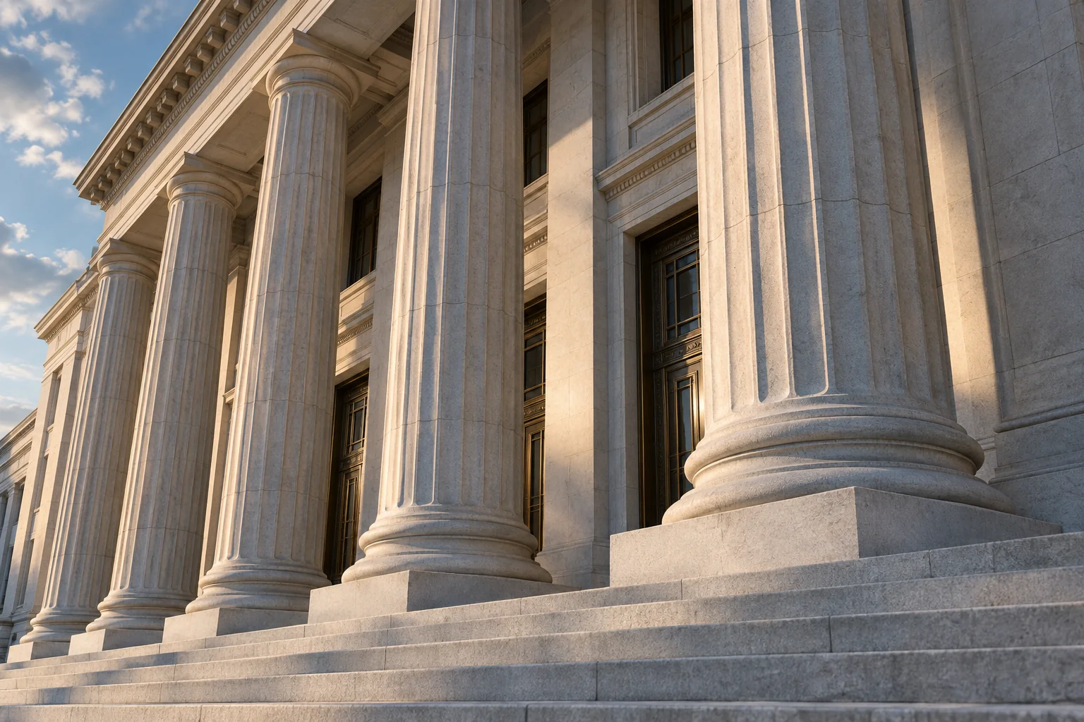 Sunlight falling across limestone civic architecture