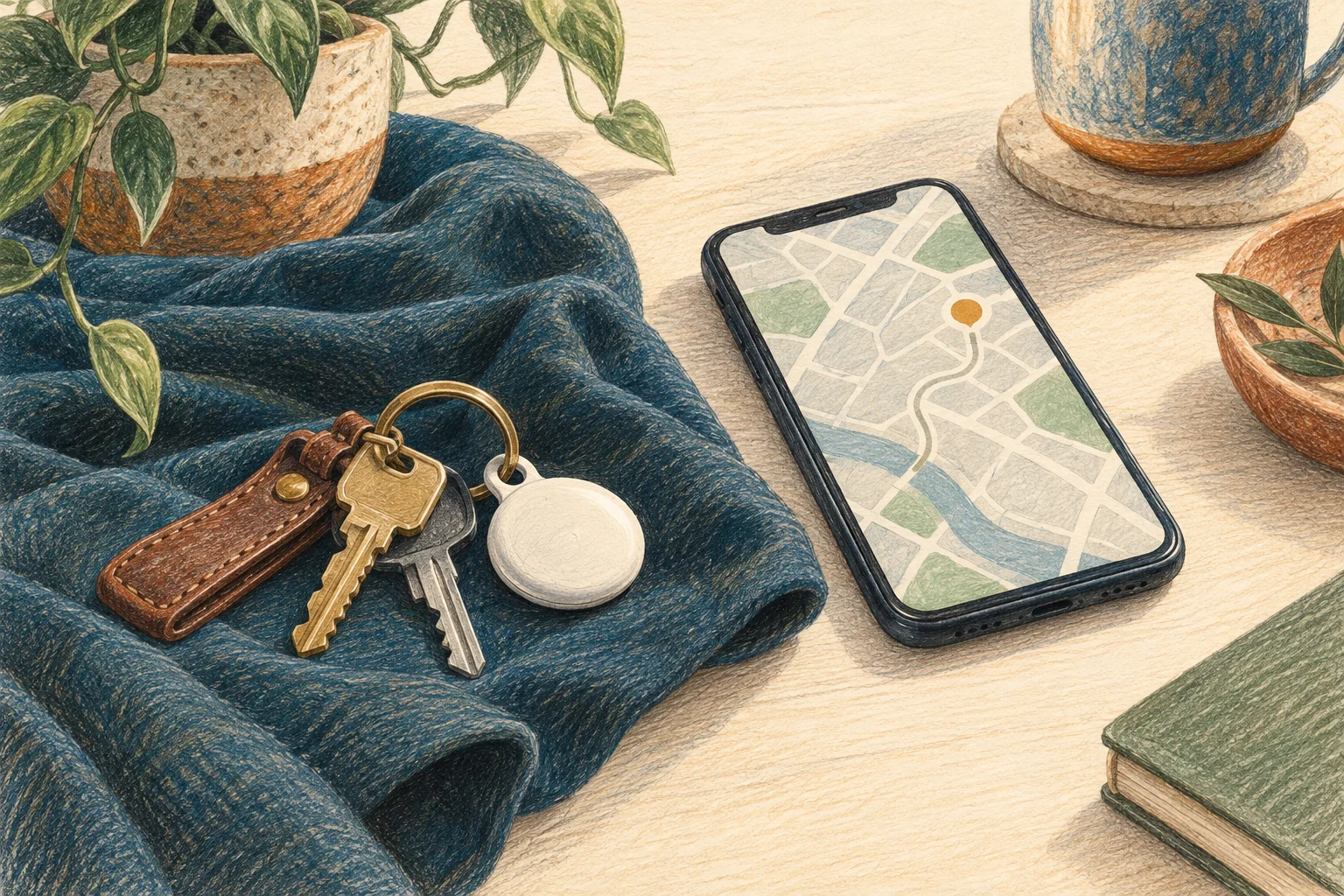 Coloured-pencil illustration of an item tracker, keys and a phone displaying a location map.
