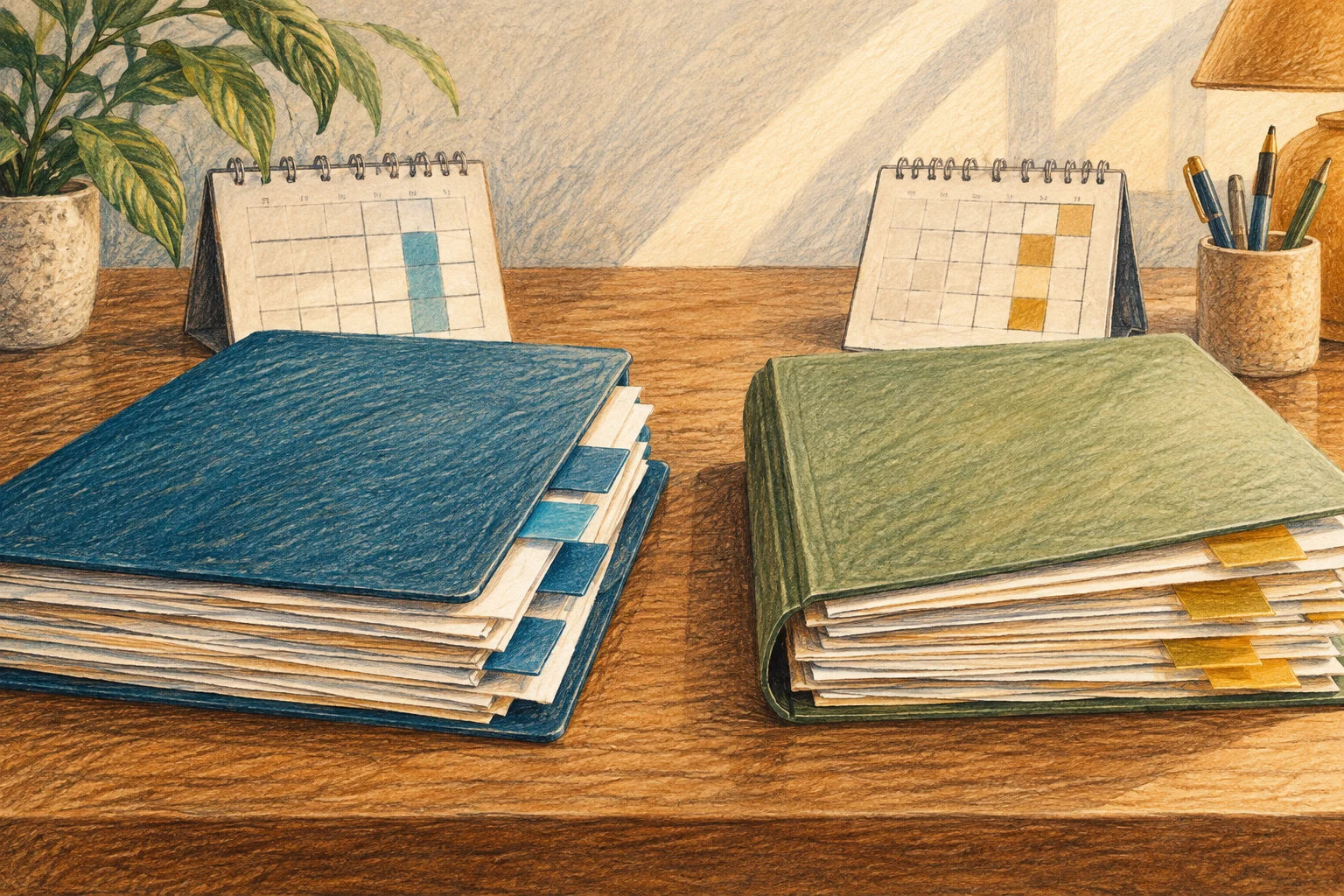 Coloured-pencil illustration of two separate document folders and calendars on a desk.