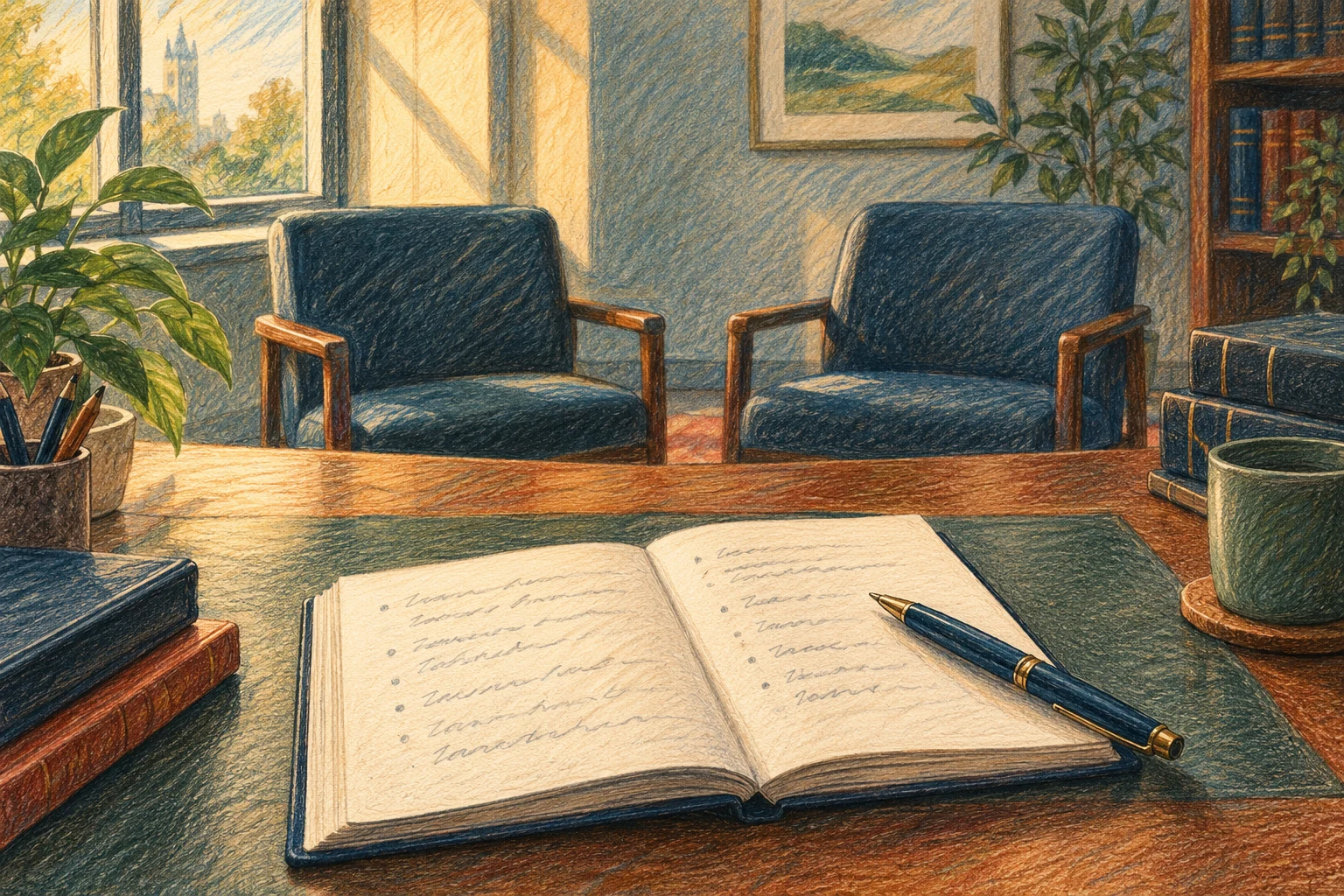 Coloured-pencil illustration of an open notebook and pen on a consultation desk, with two empty chairs.