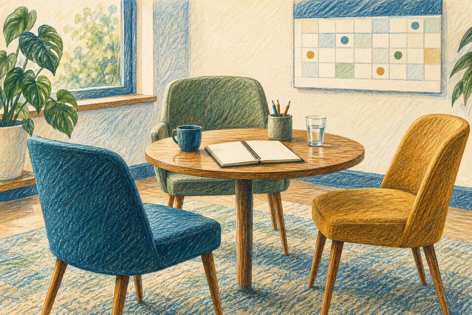 Coloured-pencil illustration of three chairs around a consultation table with a notebook and calendar.