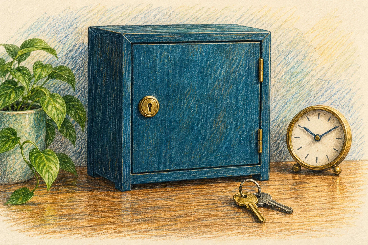 Coloured-pencil illustration of an intact storage cabinet, a key and a clock.