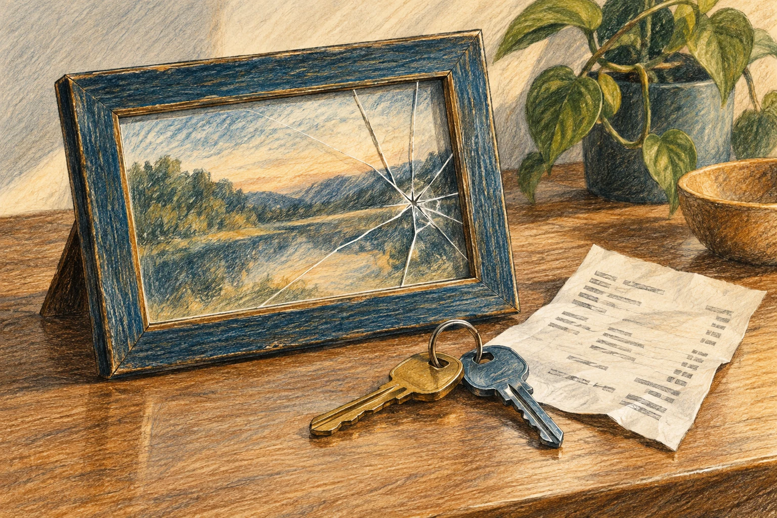 Coloured-pencil illustration of a damaged picture frame, two keys and a receipt.
