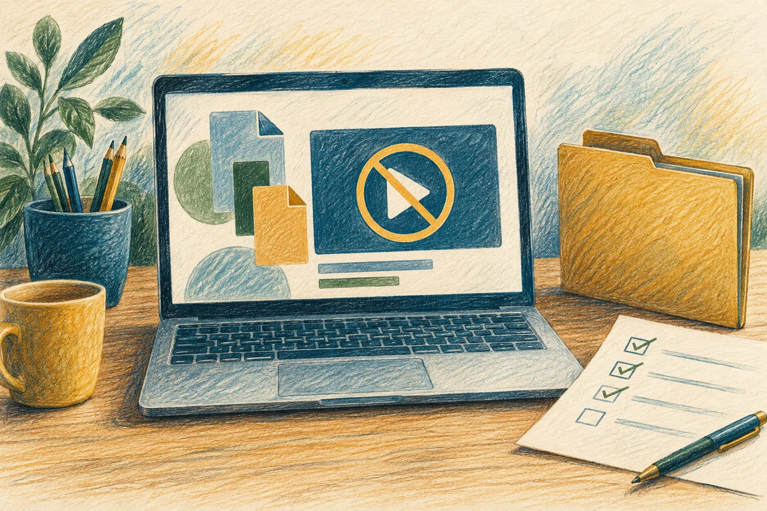 Coloured-pencil illustration of disclosure files on a laptop beside a checklist and folder.