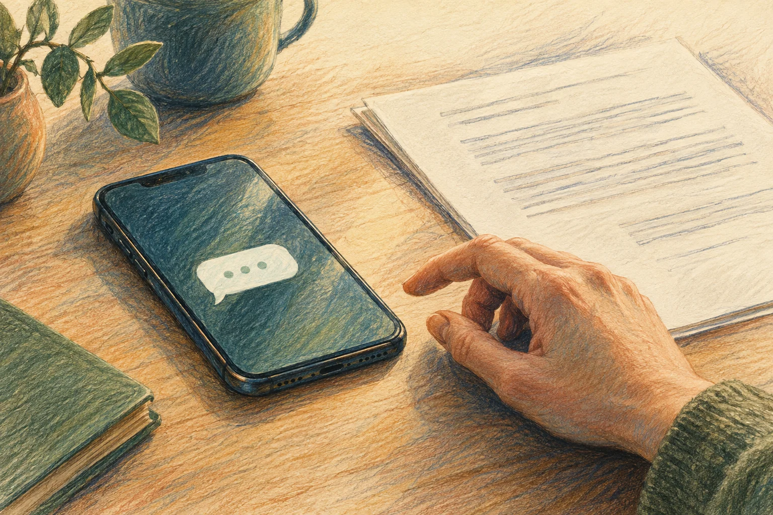 Coloured-pencil illustration of a hand paused beside an incoming phone message and release paperwork.
