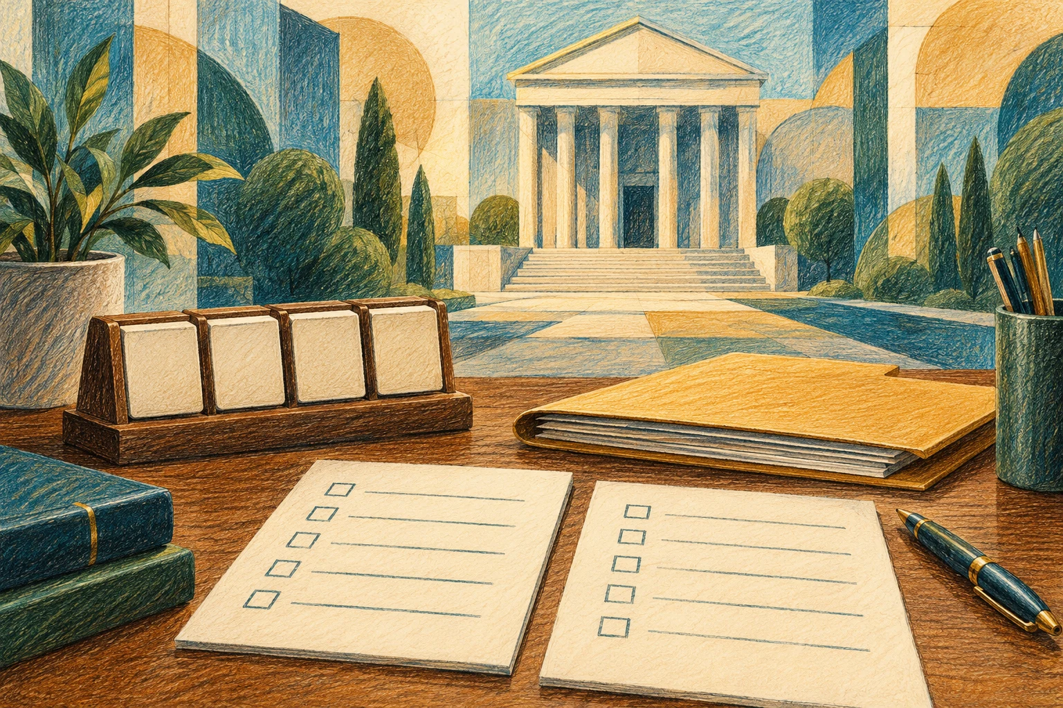 Coloured-pencil illustration of a calendar and case folders with a courthouse in the distance.