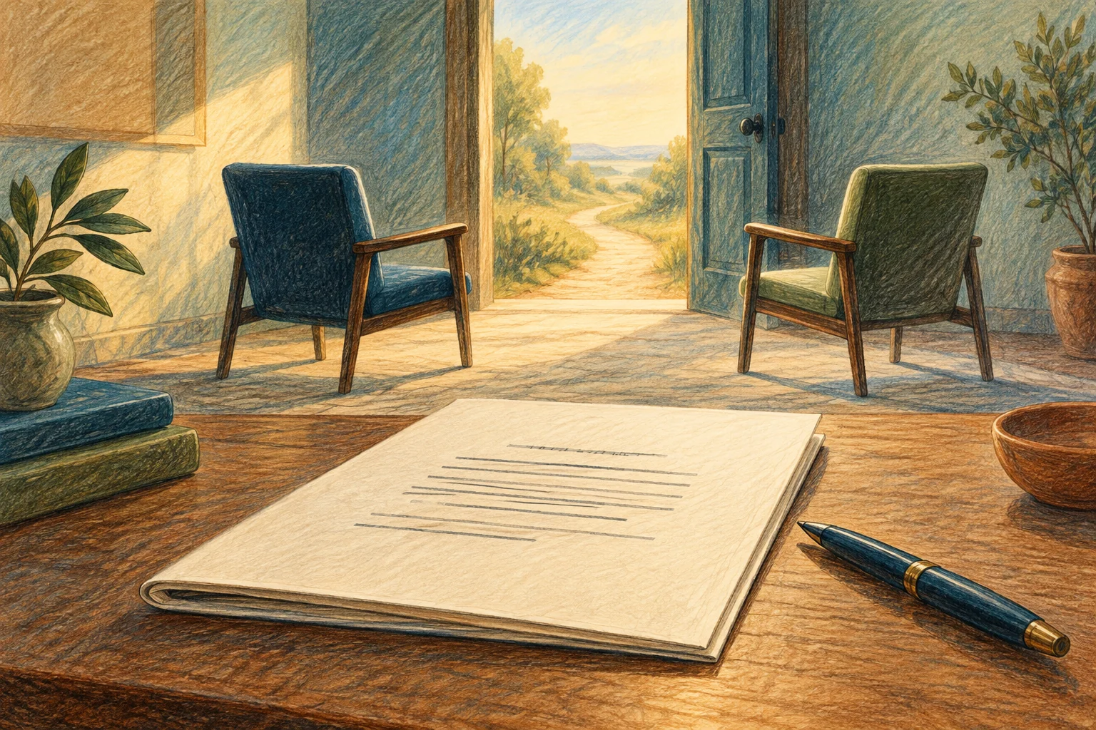 Coloured-pencil illustration of a document and pen on a desk, with two chairs beside an open doorway.