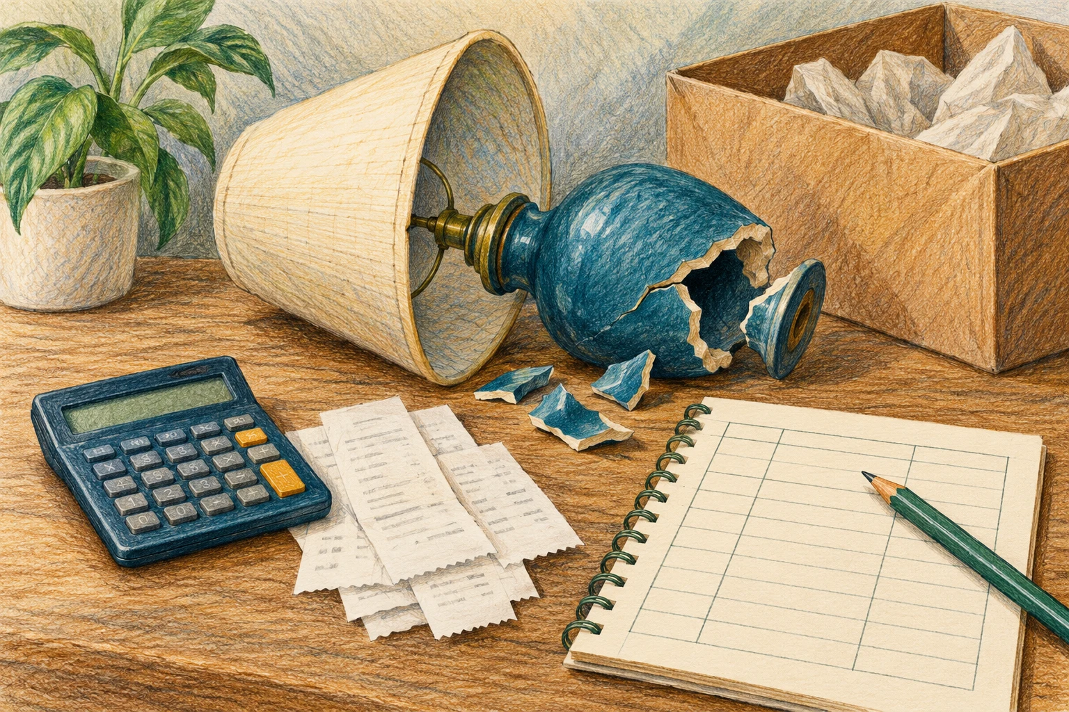 Coloured-pencil illustration of a damaged blue lamp, calculator, receipts and a blank inventory page on a desk.