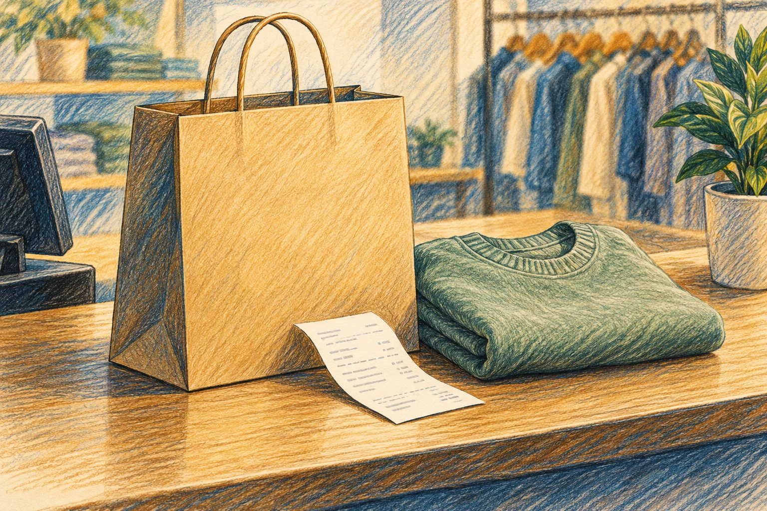 Coloured-pencil illustration of a shopping bag, returned item and receipt on a counter.